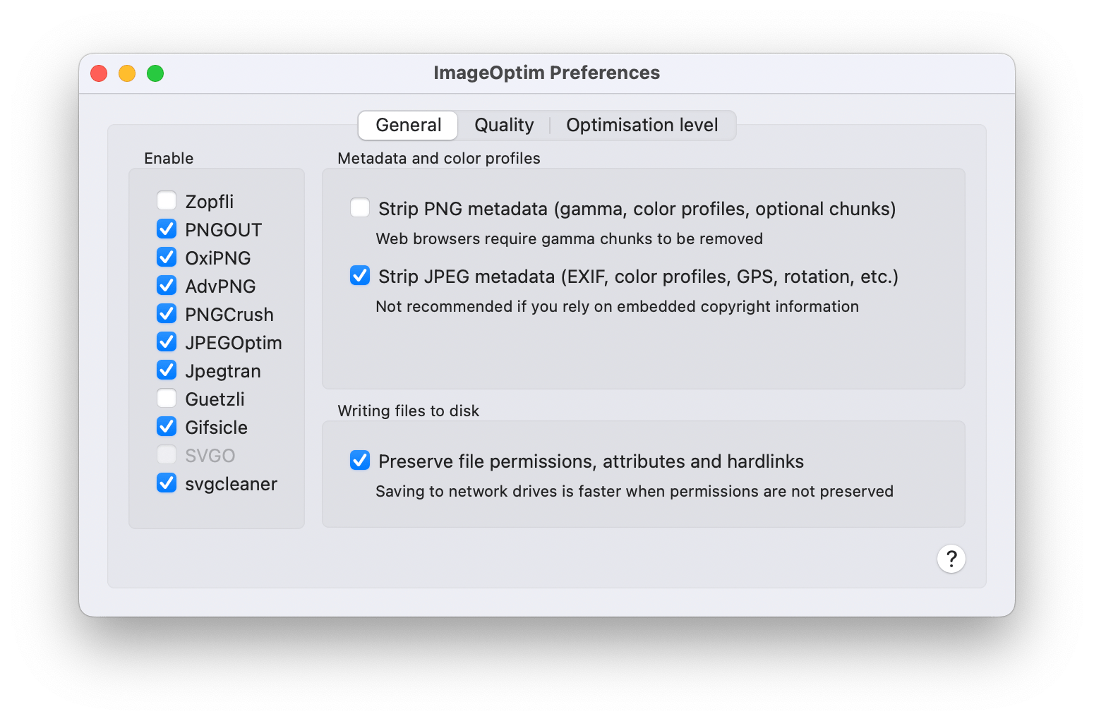 General settings in ImageOptim